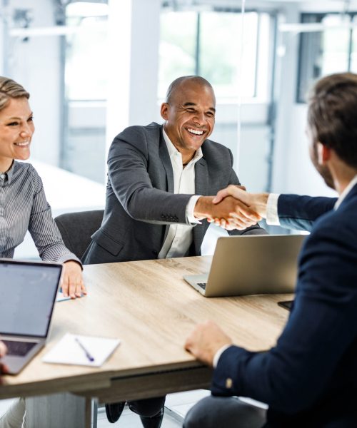 Happy male entrepreneurs came to an agreement during a meeting with their colleagues in the office. Focus is on black man.